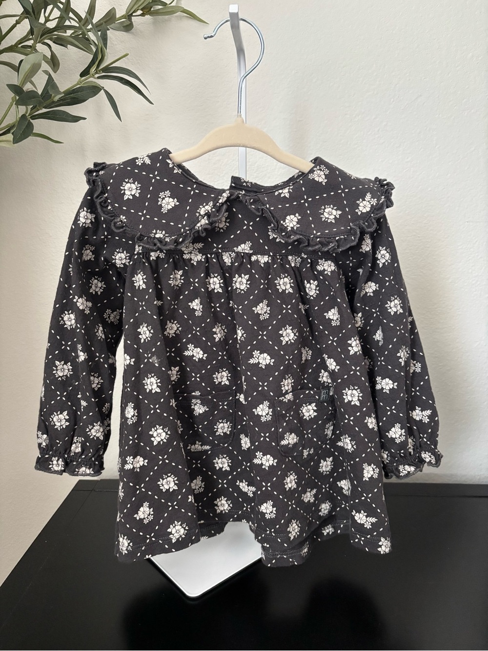 Modern Moments Girls' Black Floral Long-Sleeve Dress with Peter Pan Collar